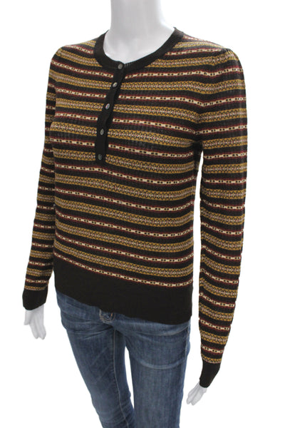 Ulla Johnson Women Henley Striped Brown Merino Wool Sweater Size S
