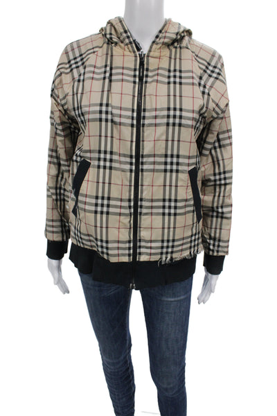 Burberry Unisex Kids Full Zip Hoodie Beige Check Cotton Blend High Neck Size M