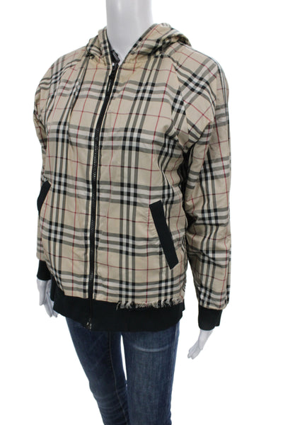 Burberry Unisex Kids Full Zip Hoodie Beige Check Cotton Blend High Neck Size M