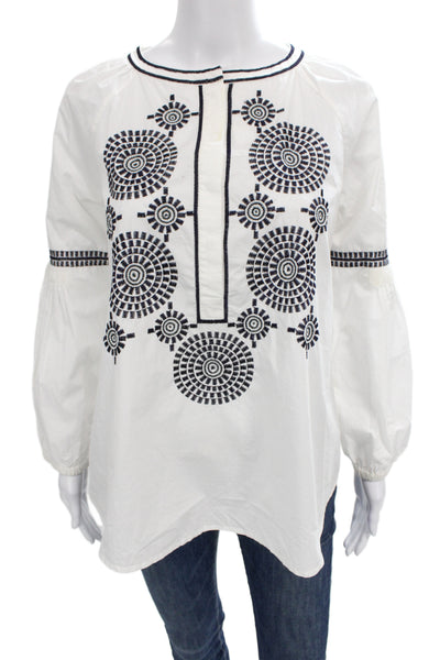 Tory Burch Women White Cotton Tunic Blouse Long Sleeve Round Neck Size 4