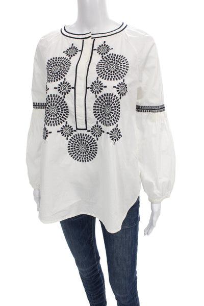 Tory Burch Women White Cotton Tunic Blouse Long Sleeve Round Neck Size 4