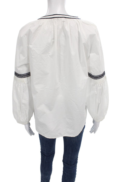 Tory Burch Women White Cotton Tunic Blouse Long Sleeve Round Neck Size 4