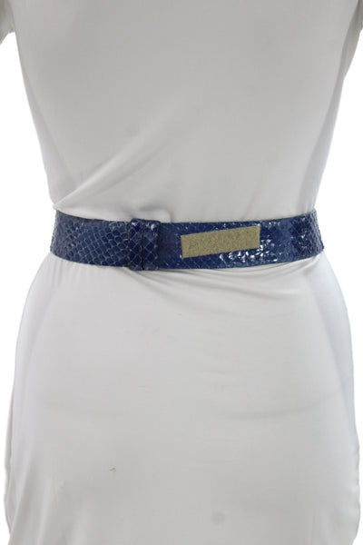Judith Leiber Womens Leather Snakeskin Print Gold Tone Belt Blue Size One Size
