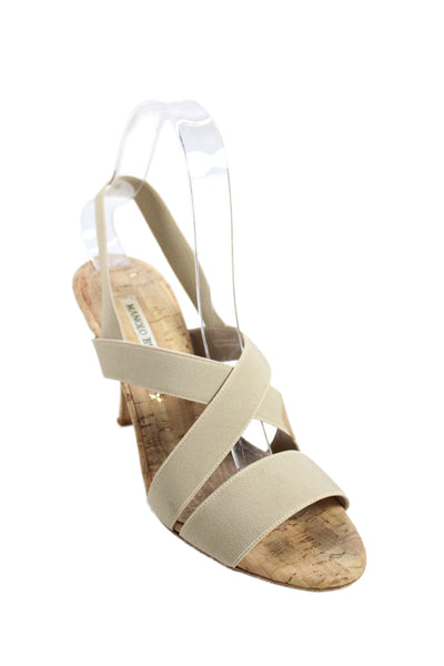 Manolo Blahnik Womens Elastic Strappy High Heels Sandals Shoes Taupe Size 6.5