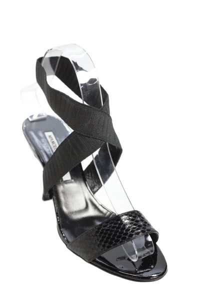 Manolo Blahnik Womens Embossed Elastic Strap Heels Shoes Black Size 7
