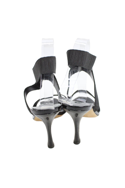 Manolo Blahnik Womens Embossed Elastic Strap Heels Shoes Black Size 7