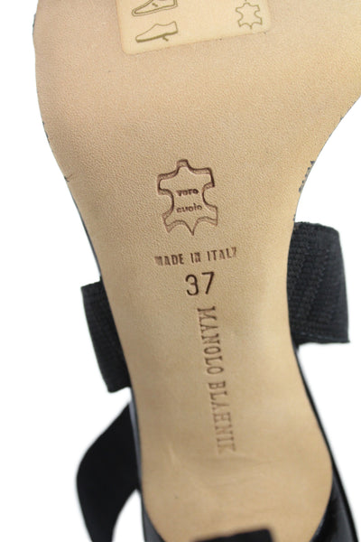 Manolo Blahnik Womens Embossed Elastic Strap Heels Shoes Black Size 7
