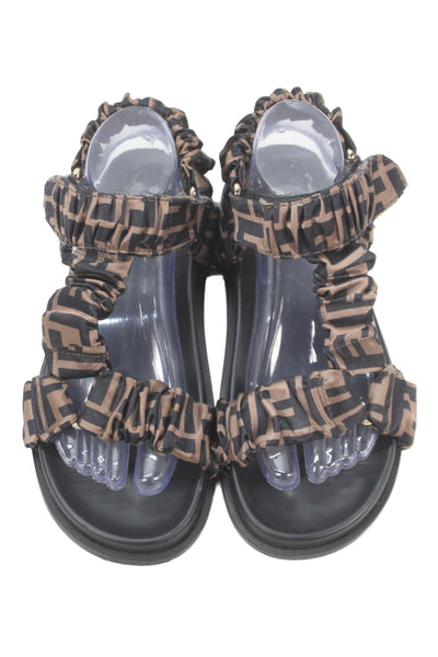 Fendi Womens Satin Slingbacks Hiking Sandals Brown Black Size 39 9