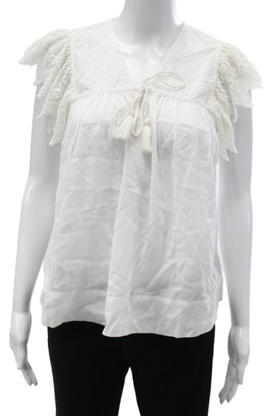 Ulla Johnson Women White V-Neck Tunic Short Sleeve Tie Cotton Boho Size 2