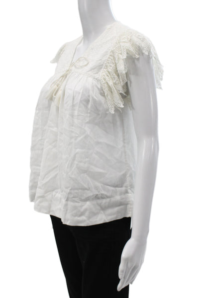 Ulla Johnson Women White V-Neck Tunic Short Sleeve Tie Cotton Boho Size 2