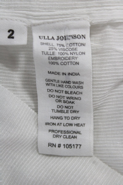 Ulla Johnson Women White V-Neck Tunic Short Sleeve Tie Cotton Boho Size 2