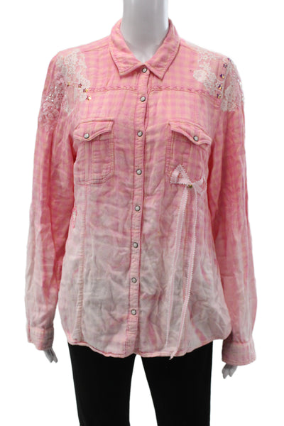 Love Shack Fancy Women Pink Checked Collared Button-Up Long Sleeve Top Size S