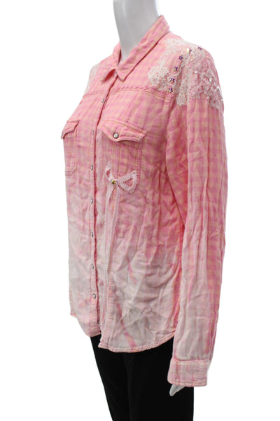 Love Shack Fancy Women Pink Checked Collared Button-Up Long Sleeve Top Size S