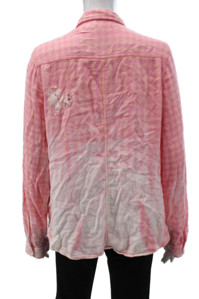Love Shack Fancy Women Pink Checked Collared Button-Up Long Sleeve Top Size S