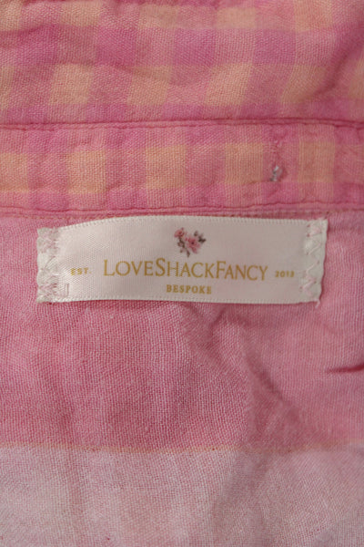 Love Shack Fancy Women Pink Checked Collared Button-Up Long Sleeve Top Size S