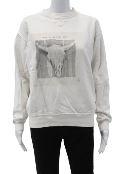 Anine Bing Women Basic T-Shirt White Cotton Crew Neck Long Sleeve Size S