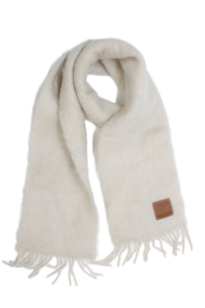 Loewe Womens Mohair Knit Fringe Trim Fold Over Scarf White 72"x8"