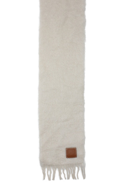 Loewe Womens Mohair Knit Fringe Trim Fold Over Scarf White 72"x8"