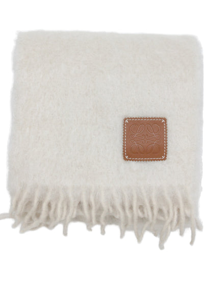 Loewe Womens Mohair Knit Fringe Trim Fold Over Scarf White 72"x8"