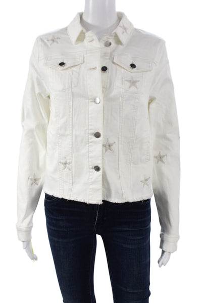 Renuar Women Basic Jacket White Button Long Sleeve Stars Cotton Size XL