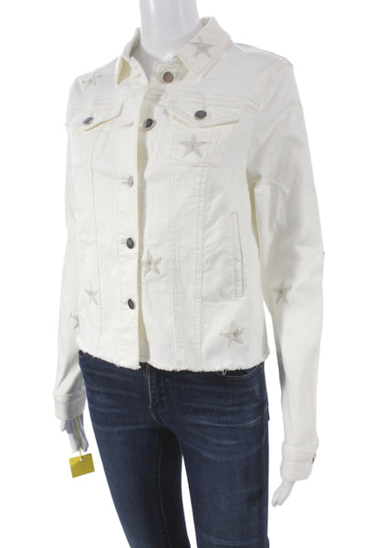 Renuar Women Basic Jacket White Button Long Sleeve Stars Cotton Size XL
