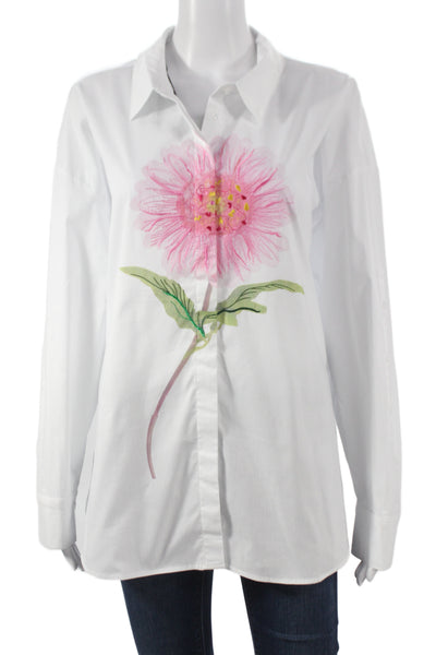 Renuar Women White Floral Collared Button-Up Tunic Long Sleeve Cotton Size L