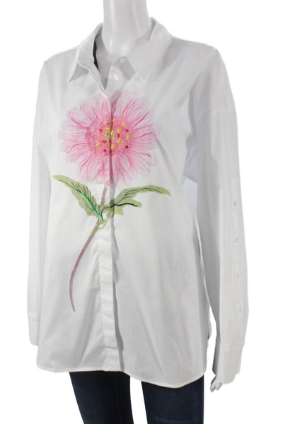Renuar Women White Floral Collared Button-Up Tunic Long Sleeve Cotton Size L