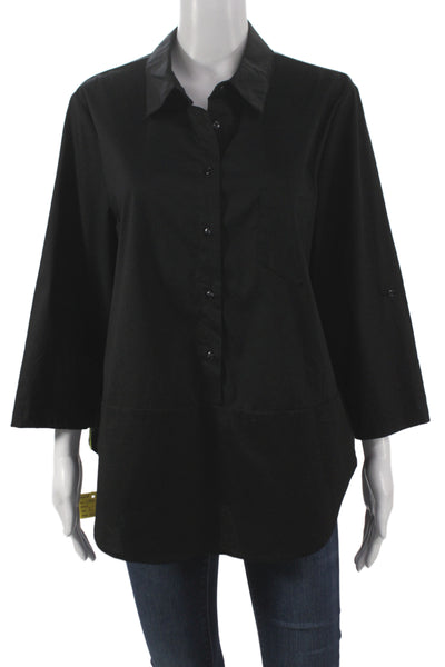 Renuar Women Tunic Black Collared Button-Up 3/4 Sleeve Size L