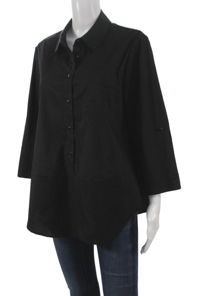 Renuar Women Tunic Black Collared Button-Up 3/4 Sleeve Size L