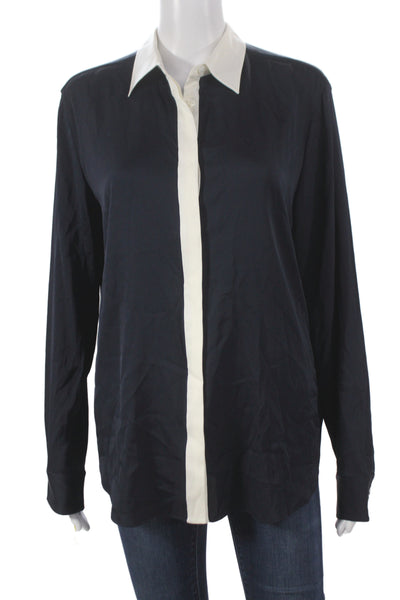 Lily Silk Women Collared Colorblock Mulberry Silk Long Sleeve Blouse Size L