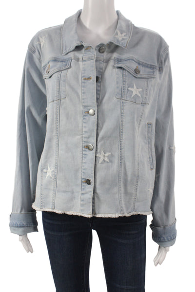 Renuar Women Basic Jacket Blue Button Long Sleeve Stars 54% Cotton Size 2XL