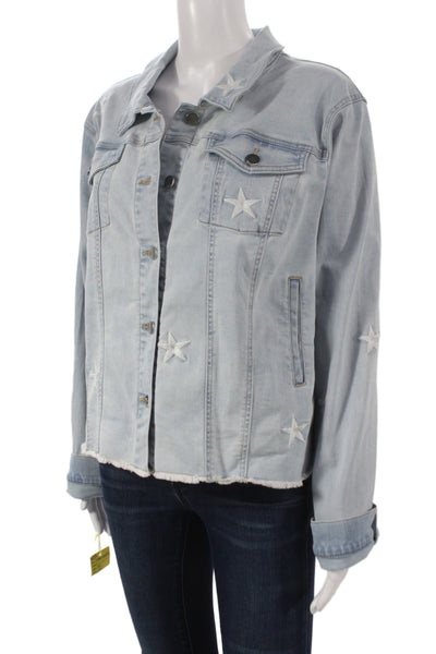 Renuar Women Basic Jacket Blue Button Long Sleeve Stars 54% Cotton Size 2XL