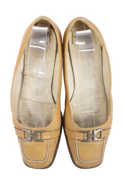 Salvatore Ferragamo Women Leather Buckle Kitten Heels Brown Size 10