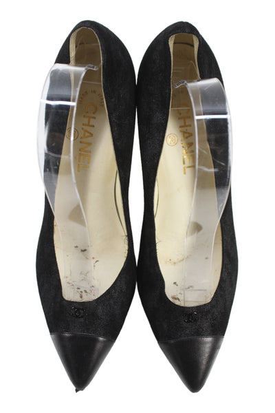 Chanel Womens Suede Logo Pointed Cap Toe Pumps Black Size 40.5 10.5