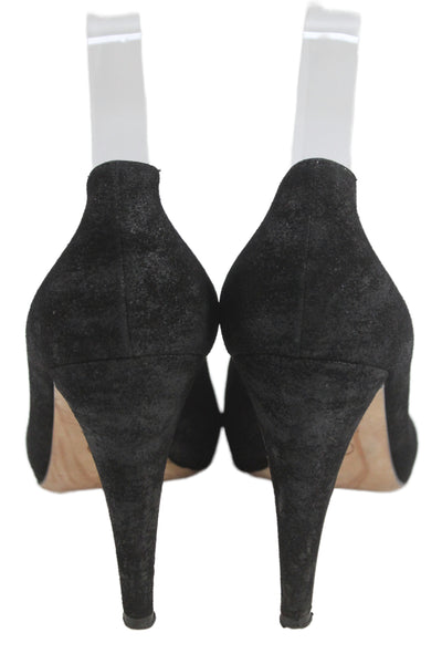Chanel Womens Suede Logo Pointed Cap Toe Pumps Black Size 40.5 10.5
