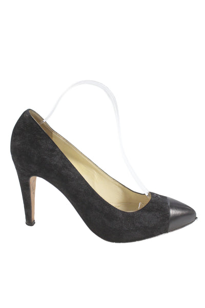 Chanel Womens Suede Logo Pointed Cap Toe Pumps Black Size 40.5 10.5