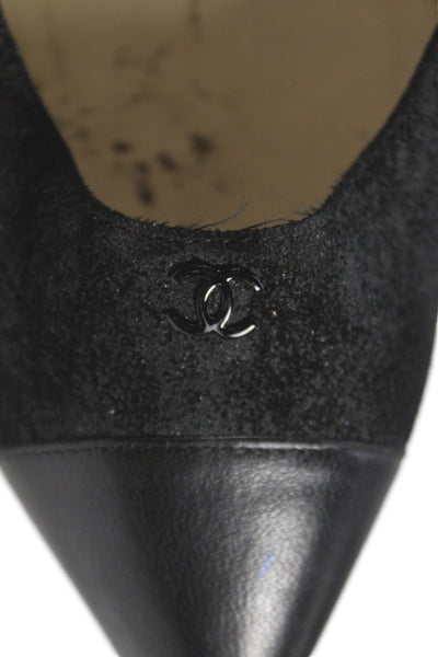 Chanel Womens Suede Logo Pointed Cap Toe Pumps Black Size 40.5 10.5