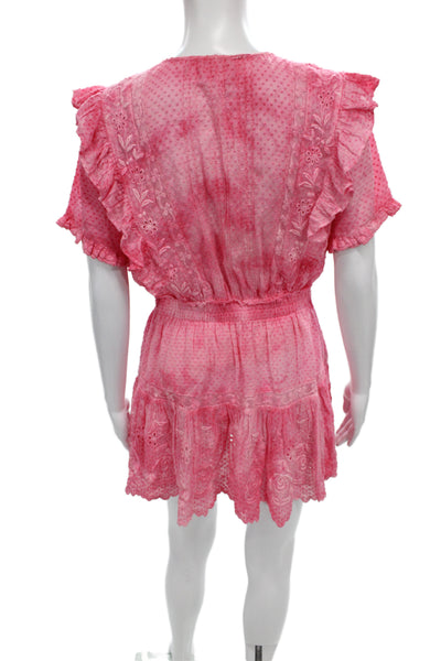 Love Shack Fancy Women Mini Polka Dot Pink Cotton Short Sleeve Dress Size S