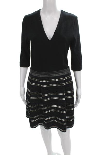 Proenza Schouler Women A-Line Striped Black V-Neck 3/4 Sleeve Mini Dress Size 8
