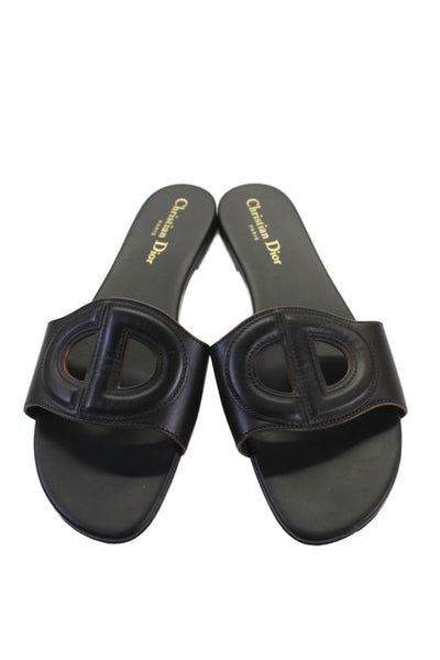 Christian Dior Womens Leather Logo Slip On Slides Black Size 9.5