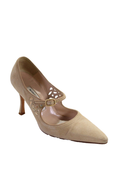 Manolo Blahnik Womens Suede Mary Jane Pump Heels Tan Size 6.5