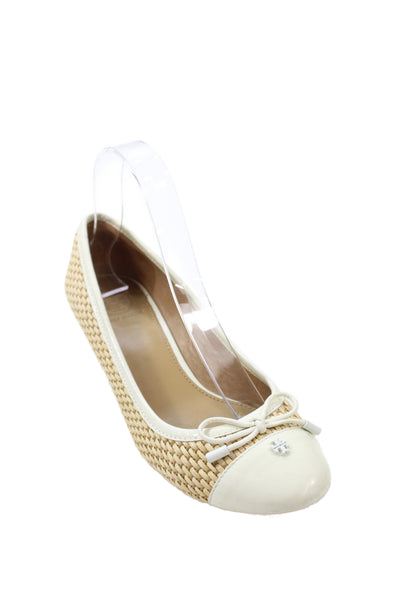 Tory Burch Womens Leather Cap Toe Wedge Pumps Beige White Size 7.5 Medium
