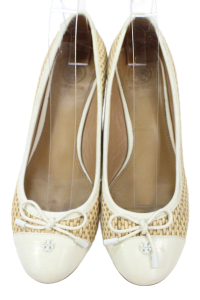 Tory Burch Womens Leather Cap Toe Wedge Pumps Beige White Size 7.5 Medium