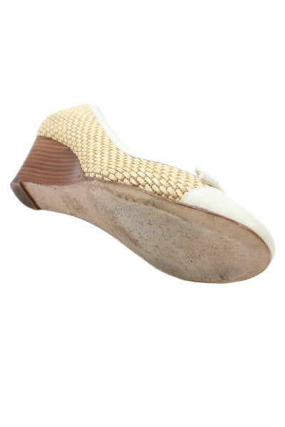 Tory Burch Womens Leather Cap Toe Wedge Pumps Beige White Size 7.5 Medium