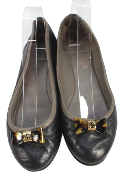 Tory Burch Womens Leather Bow Gold Tone Ballet Flats Black Size 7.5 Medium