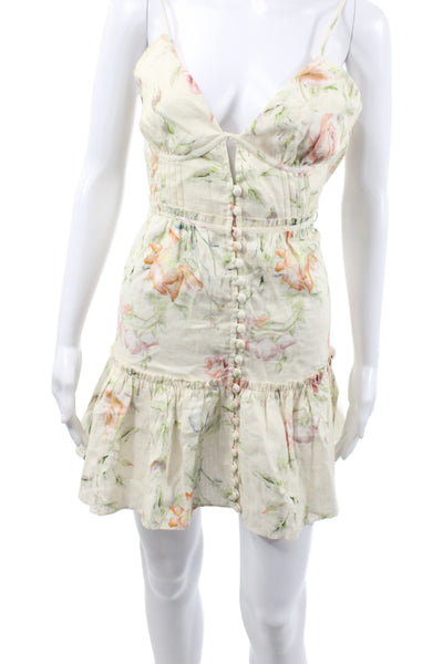 Love Shack Fancy Women Mini Ivory Linen V Neck Button Sleeveless Dress Size 10