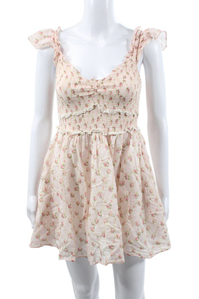 Love Shack Fancy Women Pink Floral Mini Scoop Neck Cotton Dress Size S