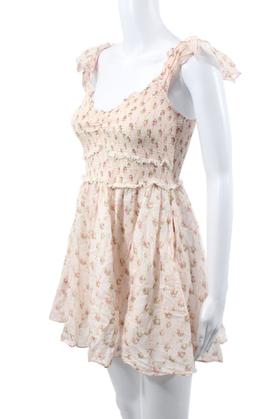 Love Shack Fancy Women Pink Floral Mini Scoop Neck Cotton Dress Size S