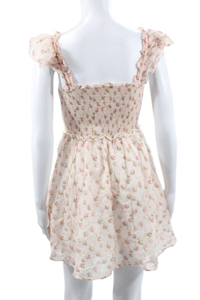 Love Shack Fancy Women Pink Floral Mini Scoop Neck Cotton Dress Size S