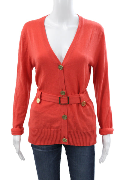 Tory Burch Womens Red V-Neck Wool Cardigan Long Sleeve Size M